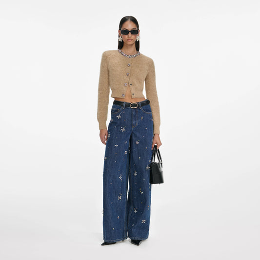 Blue Embellished Wide Leg Jeans