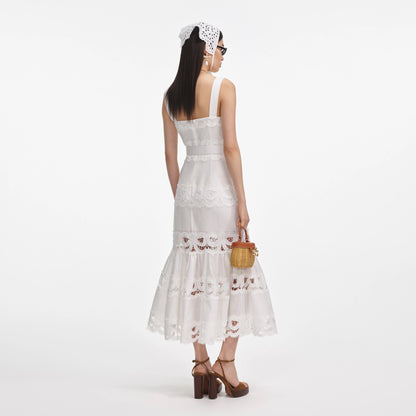 White Linen Lace Insert Midi Dress