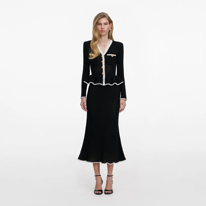 Black Lace Insert Peplum Knit Midi Dress