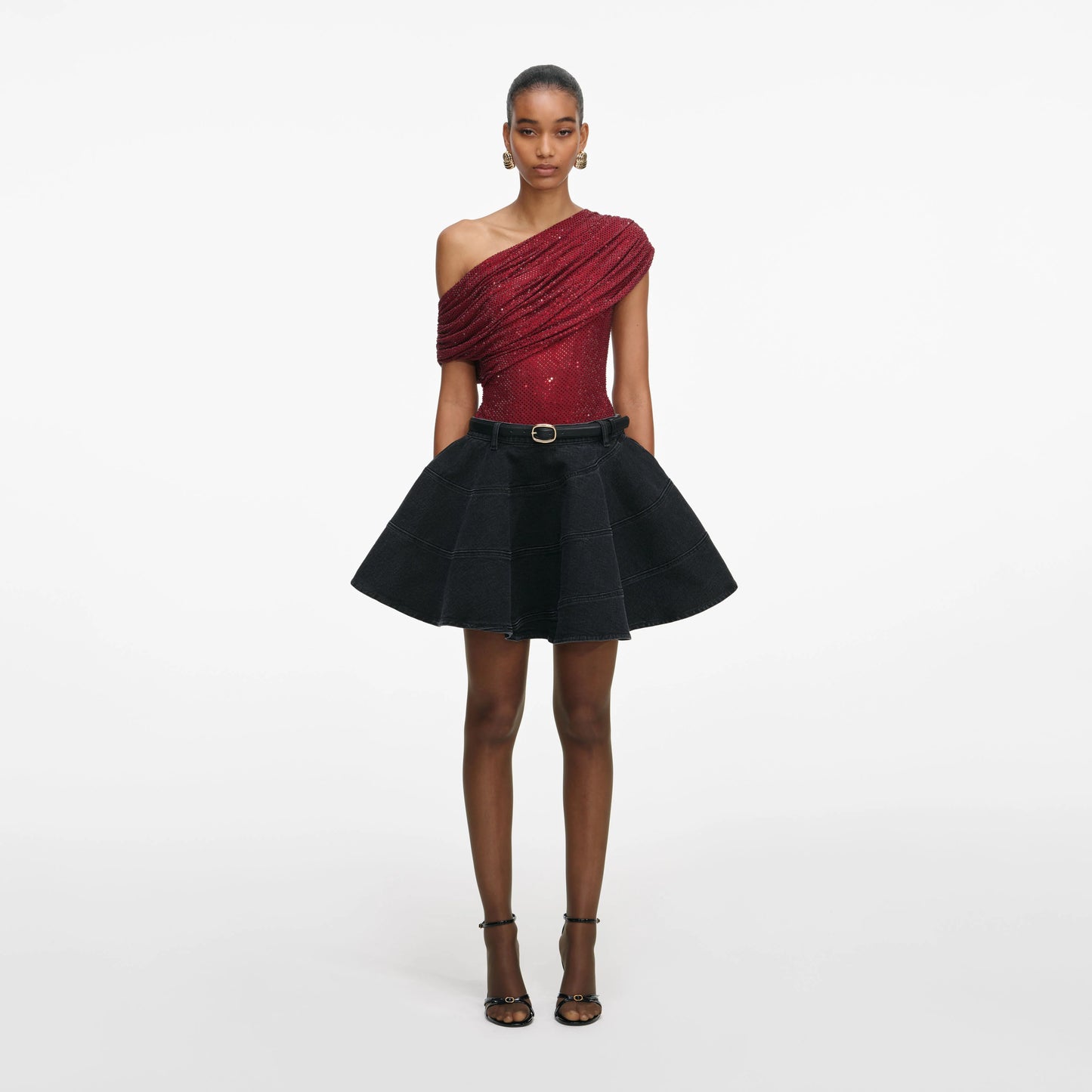 Black Flared Denim Mini Skirt