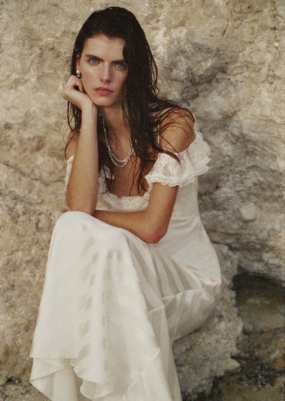 Cream Satin Striped Maxi Dress