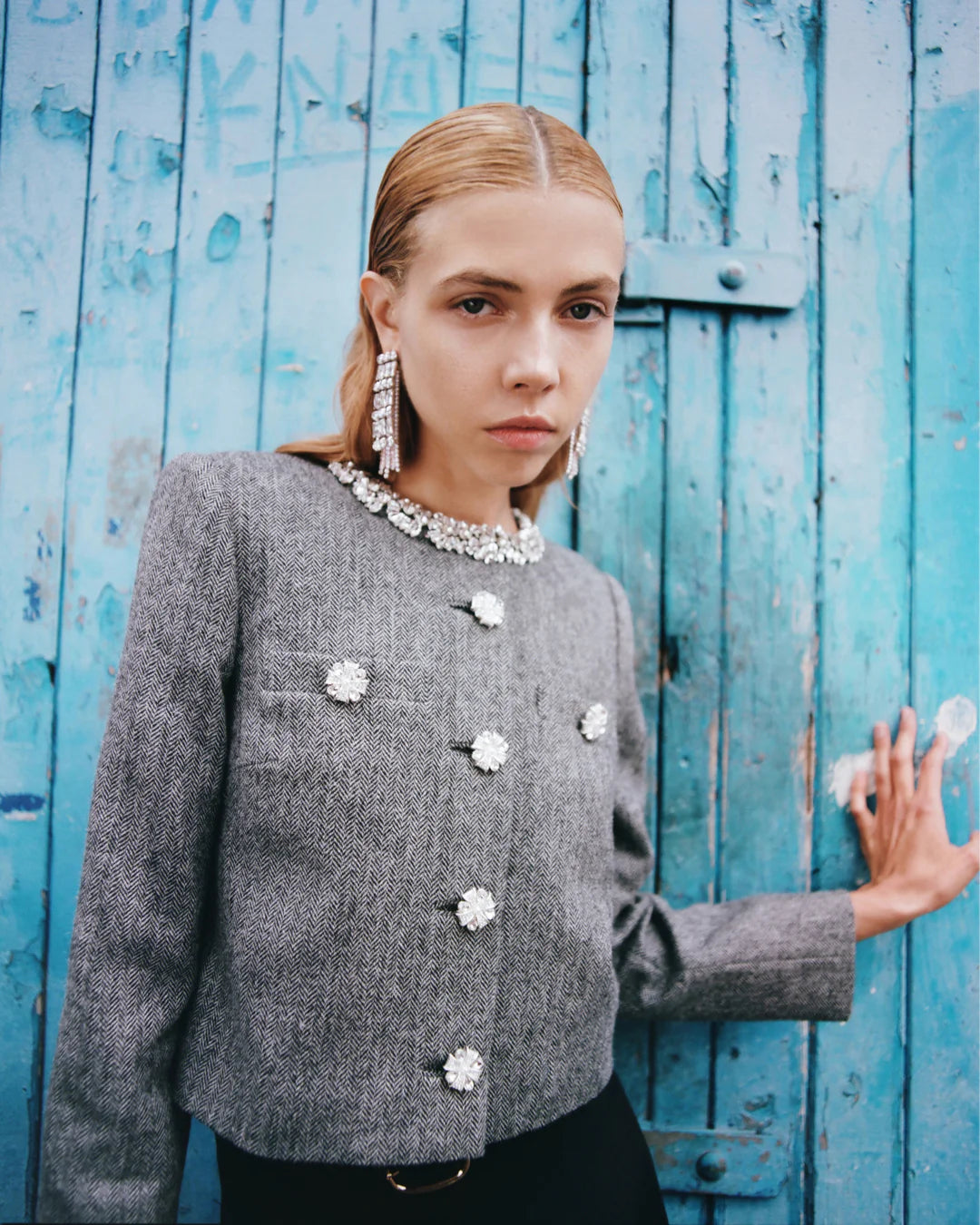 Grey Herringbone Crystal Trim Jacket