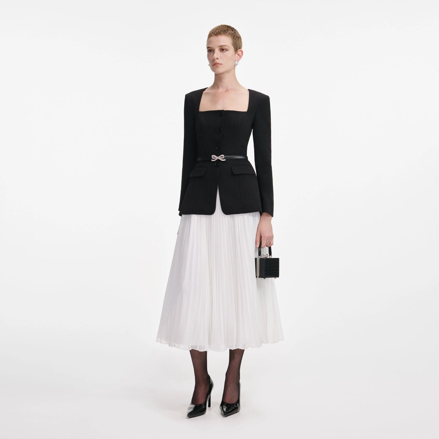 Black Long Sleeve Contrast Chiffon Midi Dress