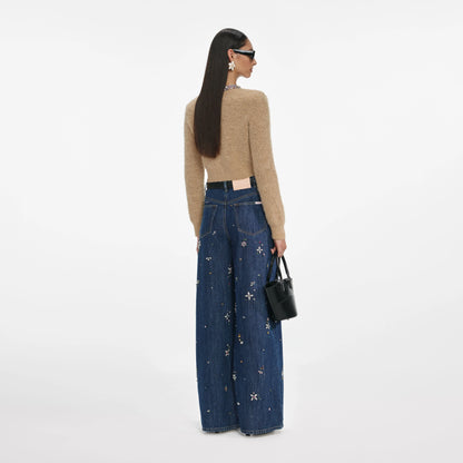 Blue Embellished Wide Leg Jeans