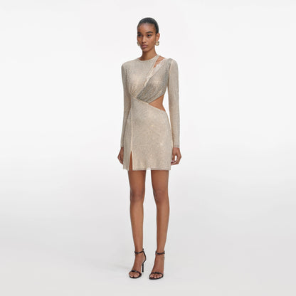 Champagne Rhinestone Lace Trim Mini Dress
