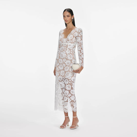 White Floral Lace Midi Dress