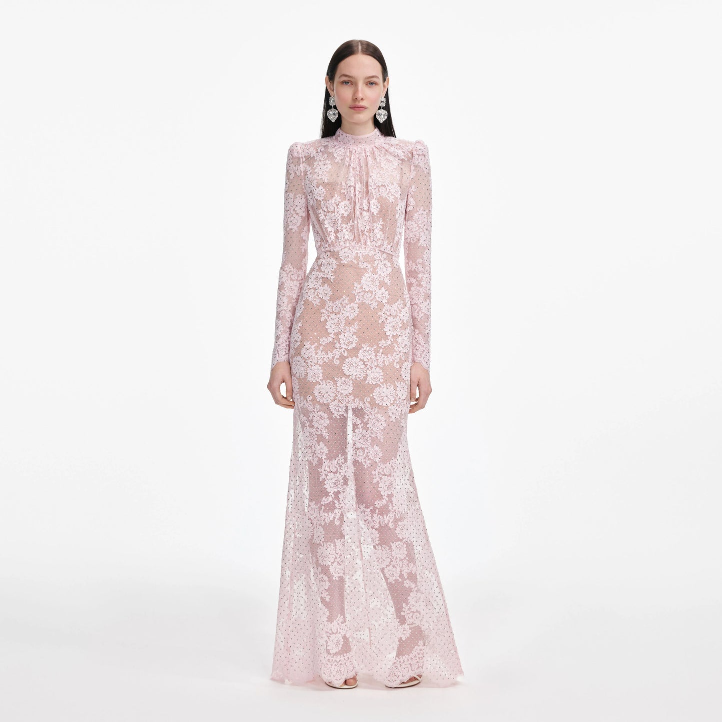 Pale Pink Rhinestone Lace Maxi Dress