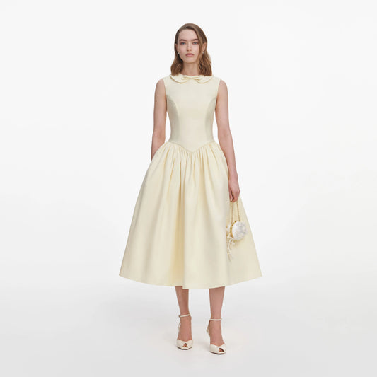 Yellow Taffeta Collared Midi Dress