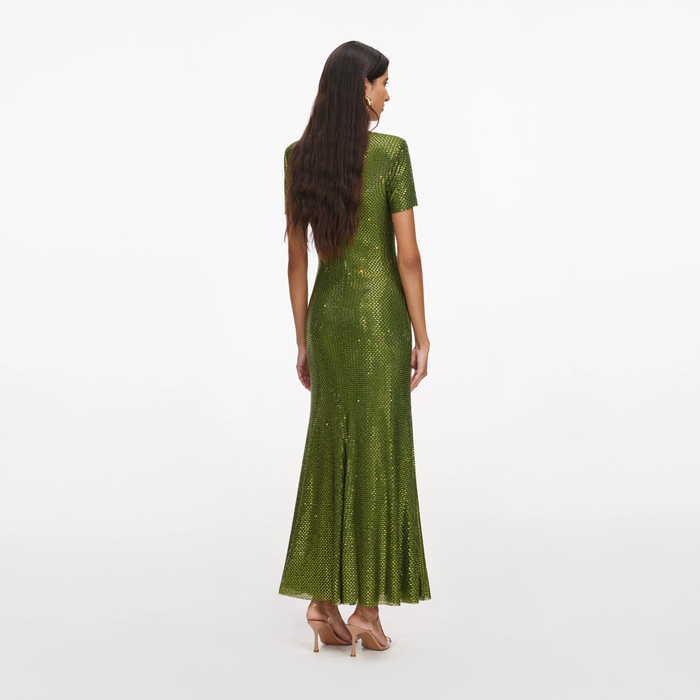 Olive Rhinestone Mesh Midi Dress