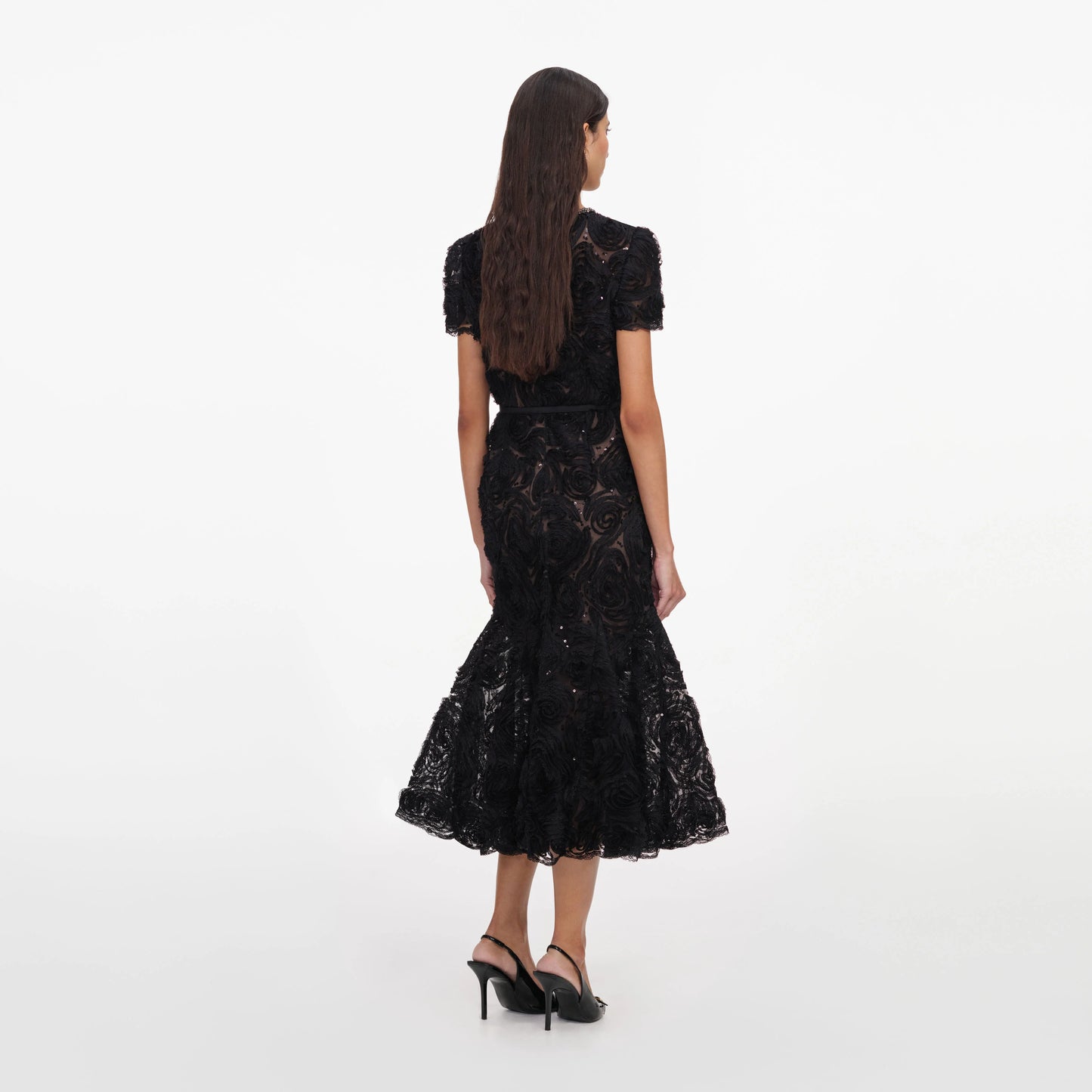 Black Tulle Lace Sequin Midi Dress