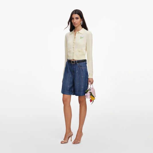 Yellow Flower Embroidered Knit Cardigan