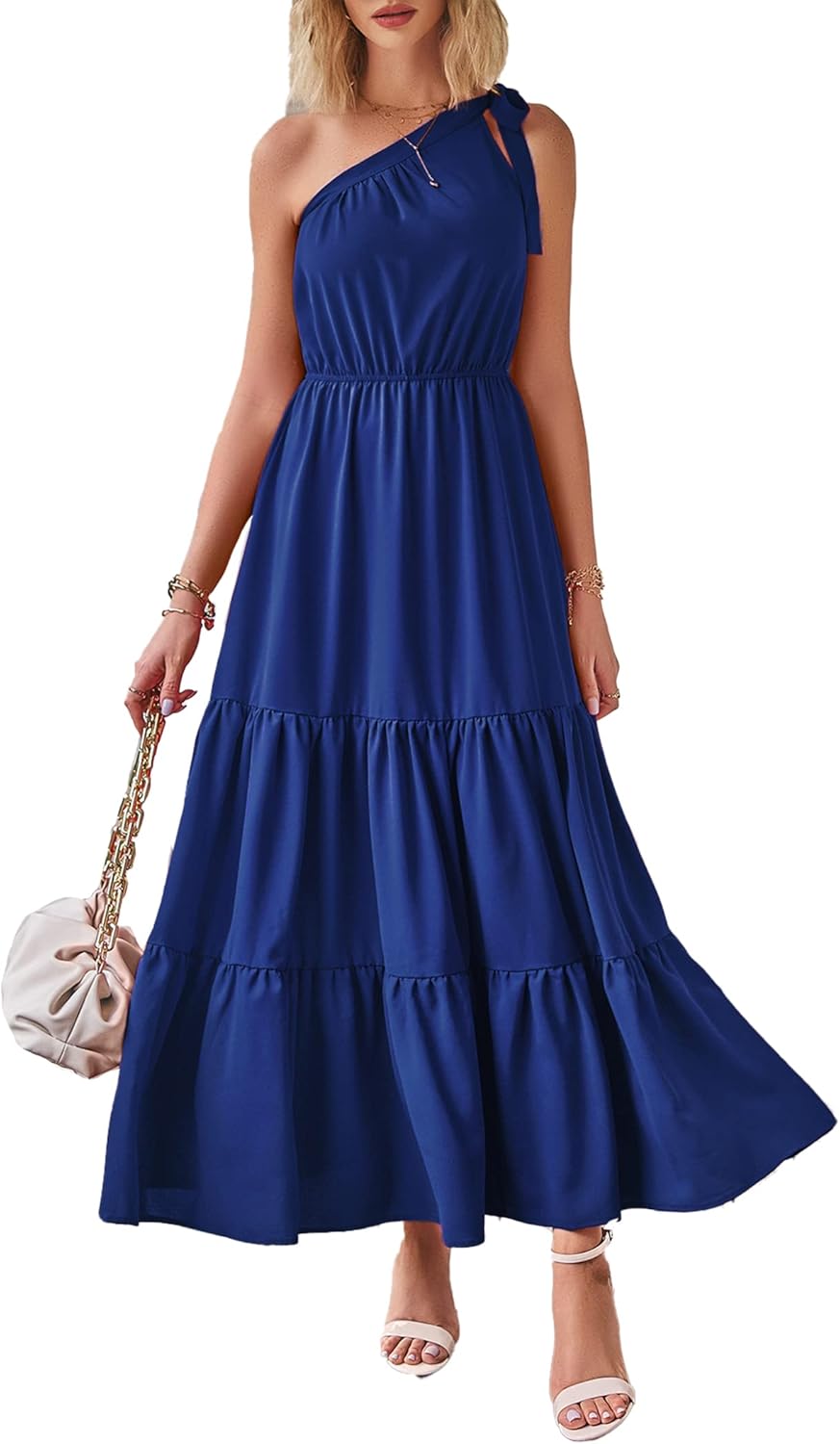 Women's Summer Floral One Shoulder Maxi Dress Knot Ruffle Boho Beach Vacation Wedding Guest Long Sun Dresses