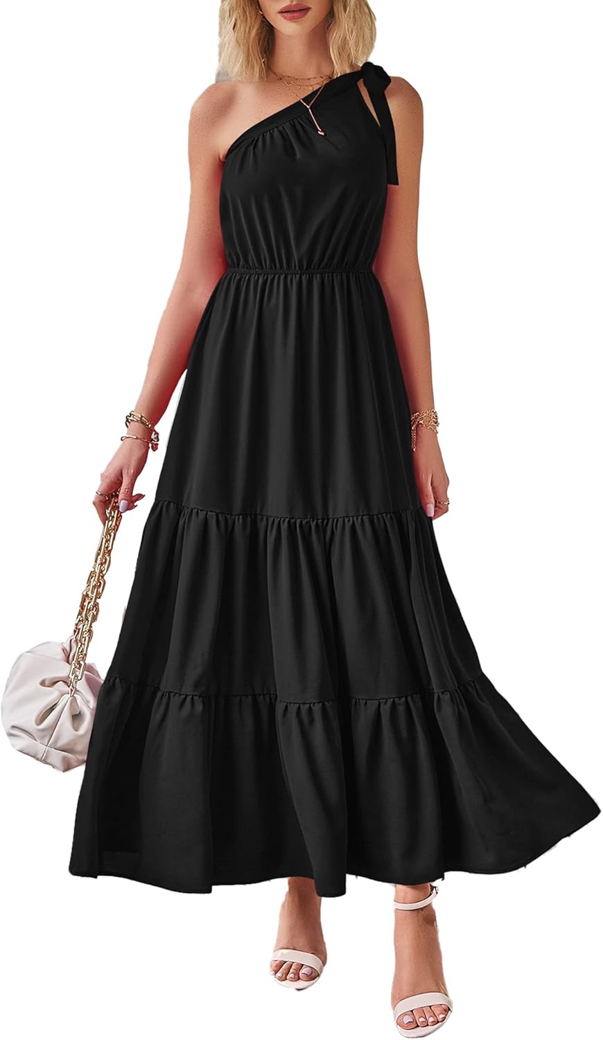 Women's Summer Floral One Shoulder Maxi Dress Knot Ruffle Boho Beach Vacation Wedding Guest Long Sun Dresses