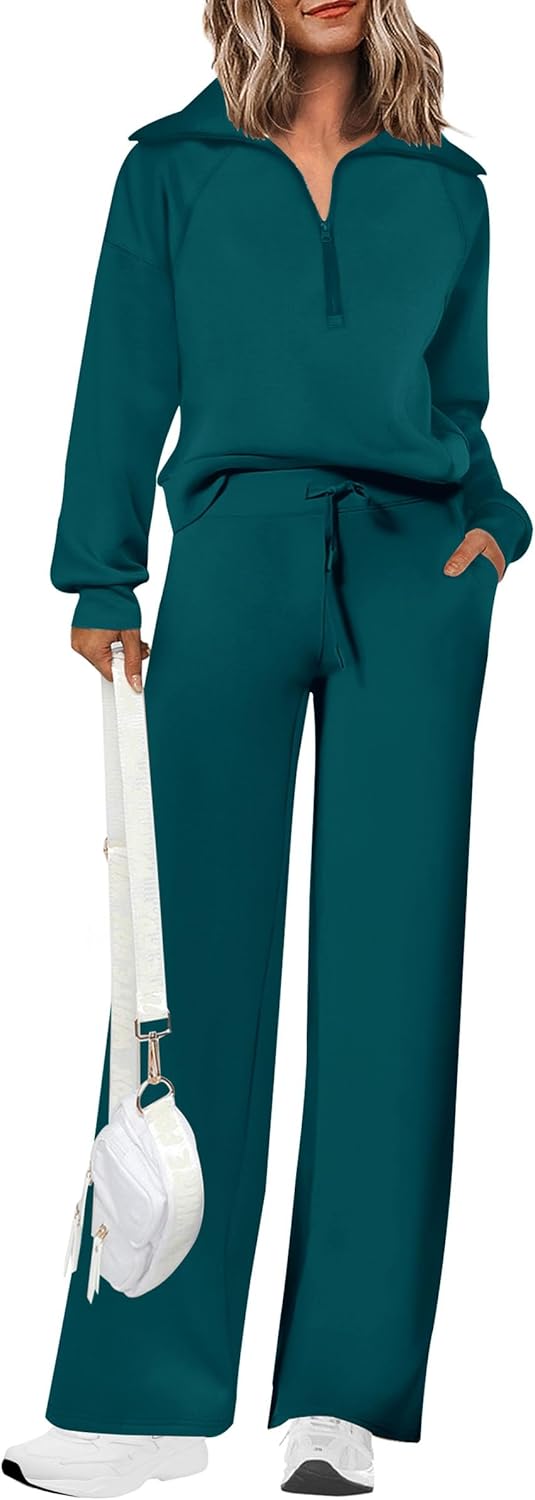 Women's 2 Piece Outfits Casual Lapel Half Zip Sweatshirts and Wide Leg Pants Tracksuit Sets