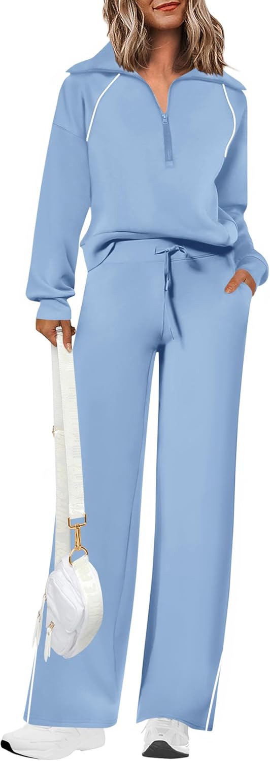 Women's 2 Piece Outfits Casual Lapel Half Zip Sweatshirts and Wide Leg Pants Tracksuit Sets