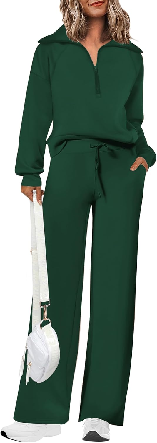 Women's 2 Piece Outfits Casual Lapel Half Zip Sweatshirts and Wide Leg Pants Tracksuit Sets