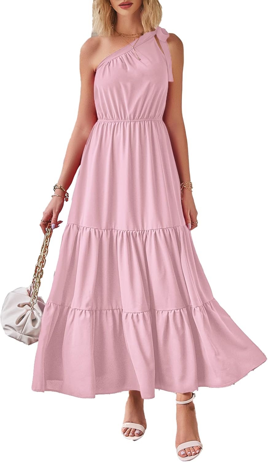 Women's Summer Floral One Shoulder Maxi Dress Knot Ruffle Boho Beach Vacation Wedding Guest Long Sun Dresses