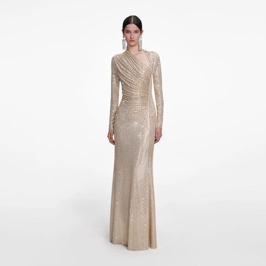 Champagne Rhinestone Drape Maxi Dress