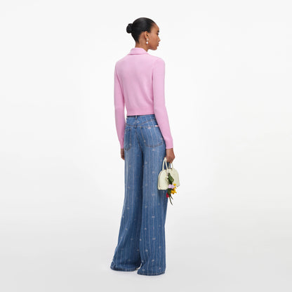 Pink Flower Embroidered Knit Cardigan