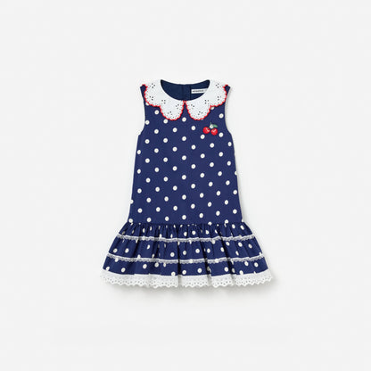 Navy Polka Dot Cotton Sleeveless Dress