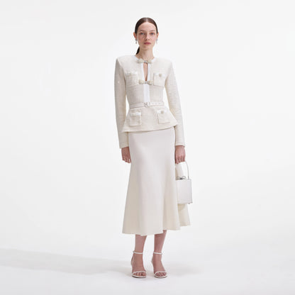 Cream Sequin Knit Tailored Midi Dress