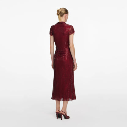 Red Rhinestone Drape Midi Dress