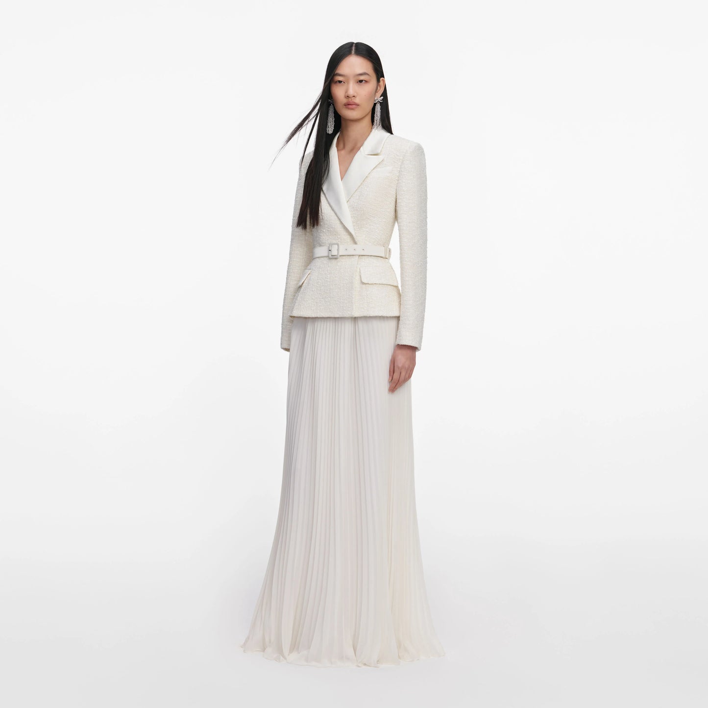 Cream Tailored Boucle Chiffon Maxi Dress