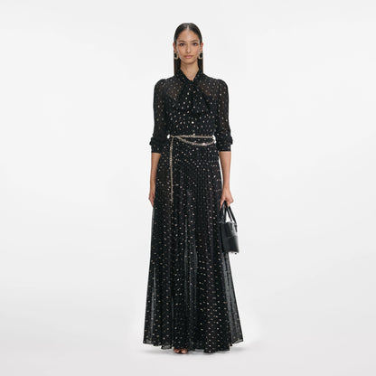Black And Gold Tie Neck Maxi Dress