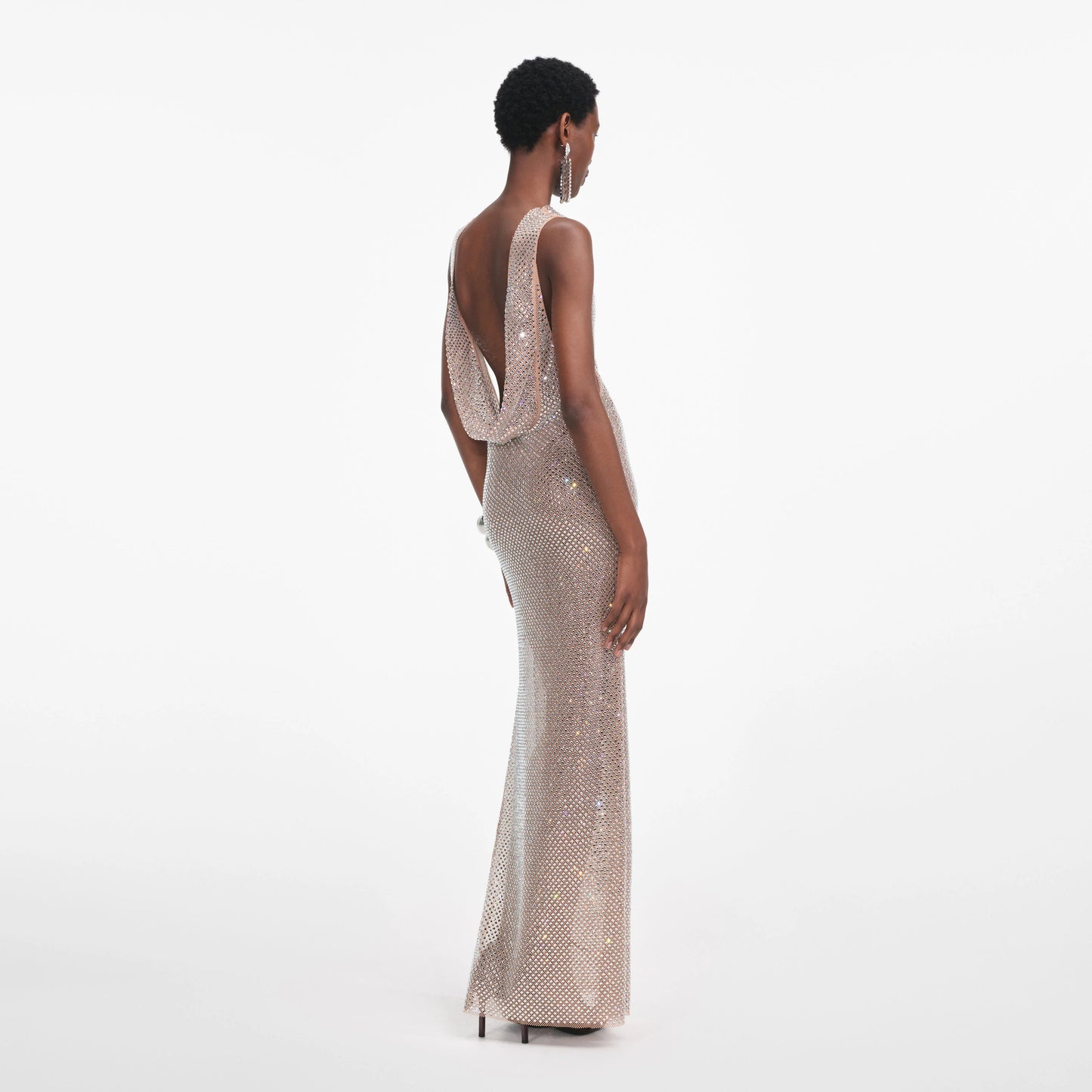Silver Rhinestone Drape Maxi Dress