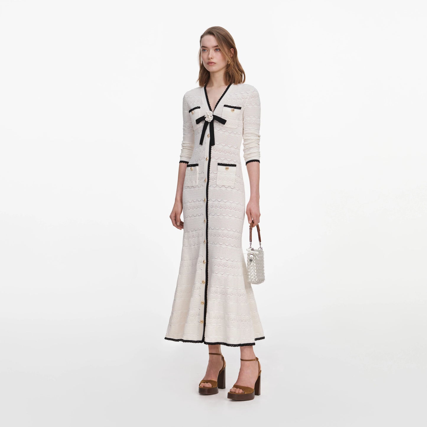 White Pointelle Knit Long Cardigan