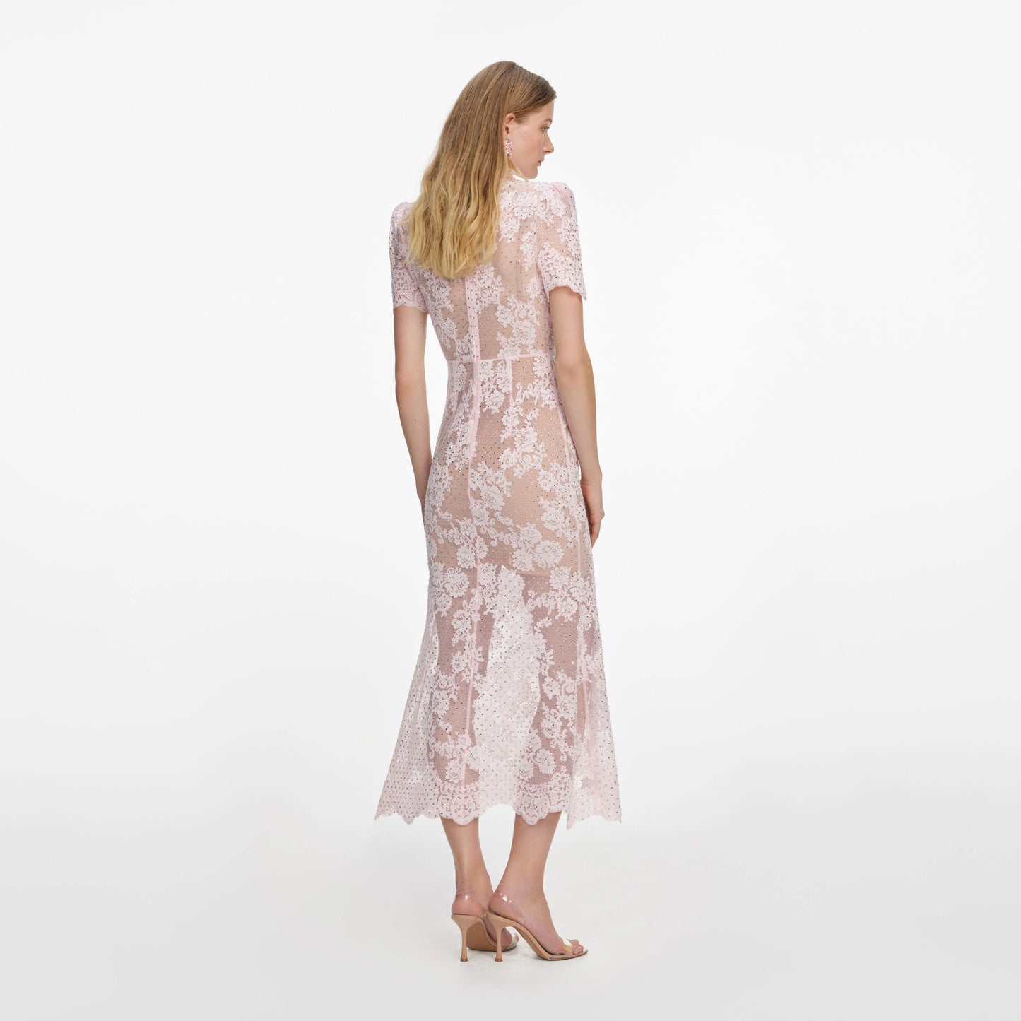 Pink Rhinestone Lace Midi Dress