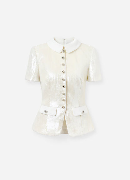 White Sequin Tailored Top
