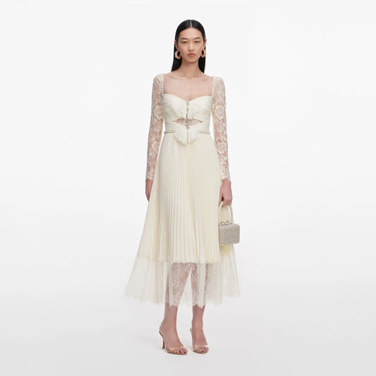 Cream Chiffon Lace Midi Dress