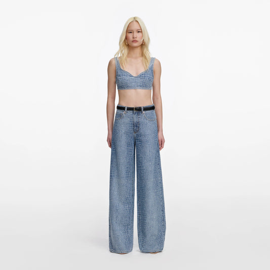Rhinestone Croc Effect Denim Bralette