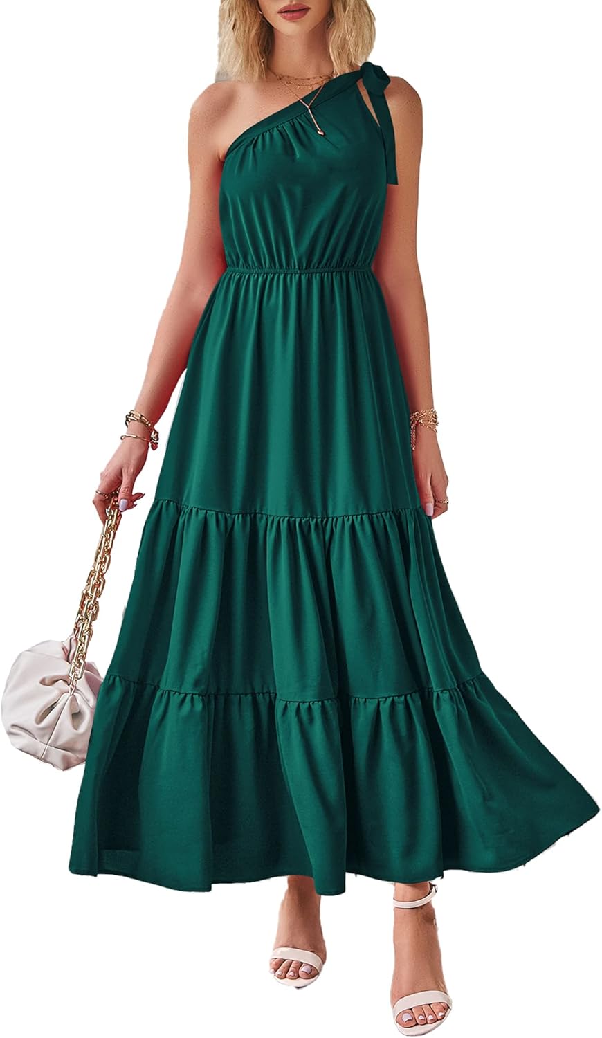 Women's Summer Floral One Shoulder Maxi Dress Knot Ruffle Boho Beach Vacation Wedding Guest Long Sun Dresses
