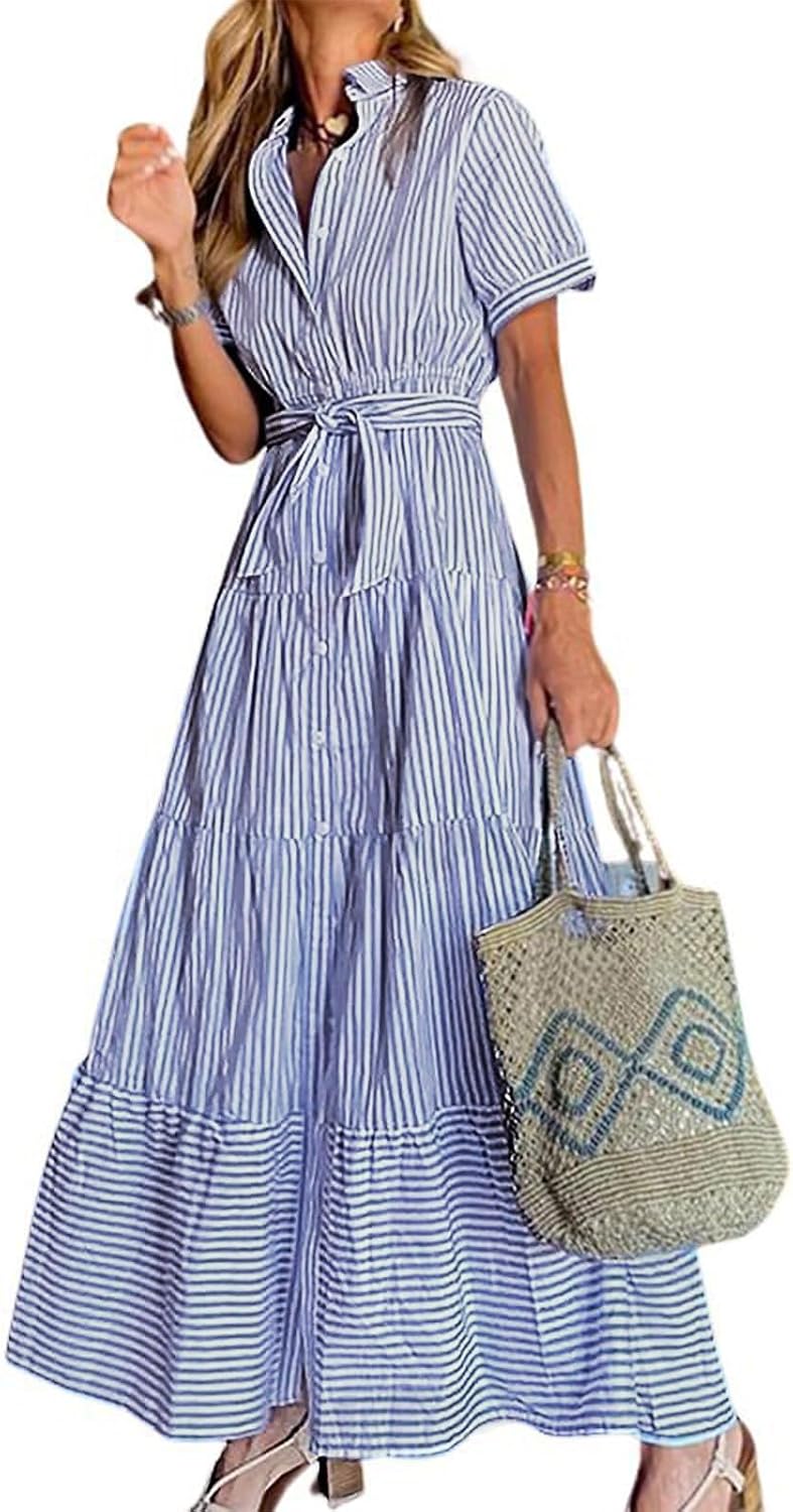 Womens Casual Short Sleeve Button Down Tie Waist Ruffled Striped Maxi Shirt Dress