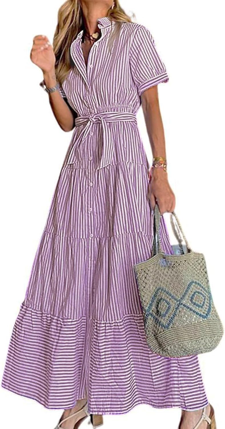 Womens Casual Short Sleeve Button Down Tie Waist Ruffled Striped Maxi Shirt Dress