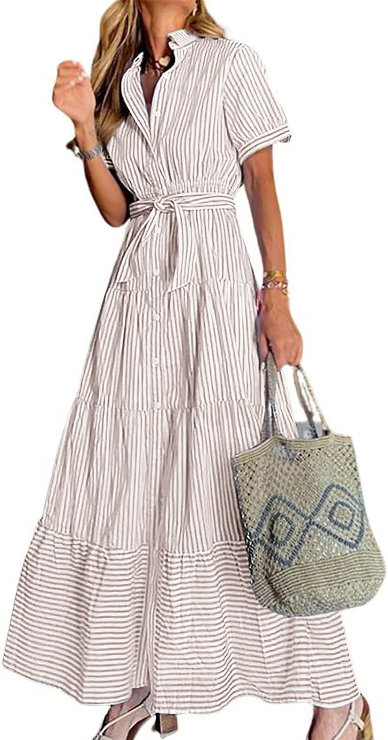Womens Casual Short Sleeve Button Down Tie Waist Ruffled Striped Maxi Shirt Dress