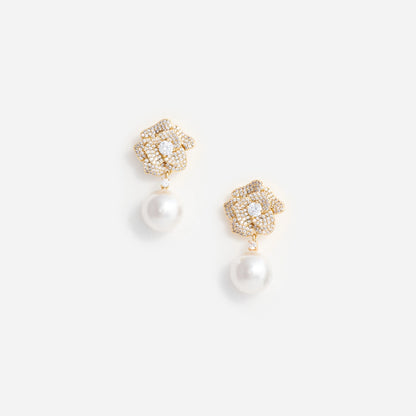 Mini Gold Crystal Flower Pearl Earrings