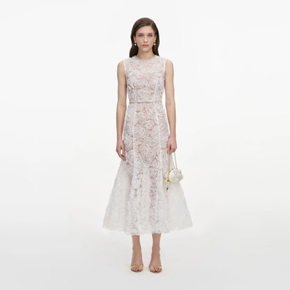 White Tulle Lace Midi Dress