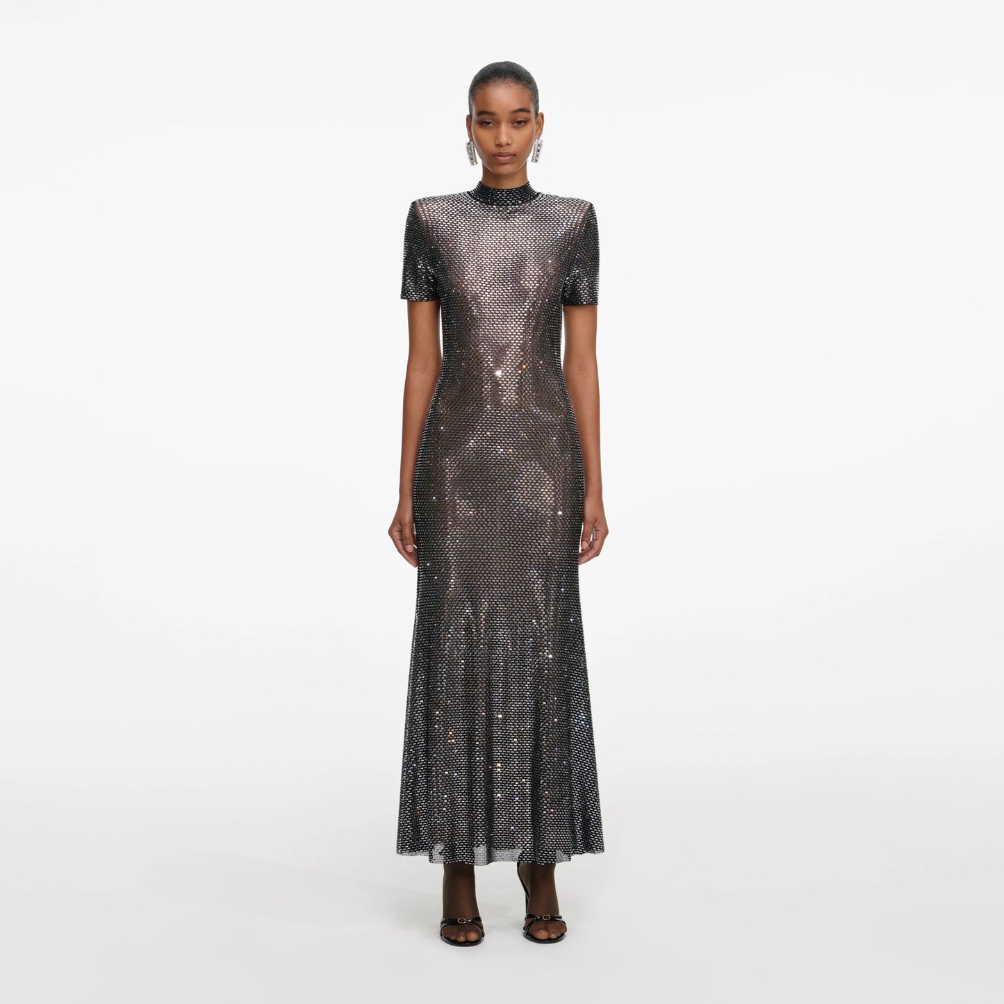 Gunmetal Rhinestone Mesh Midi Dress