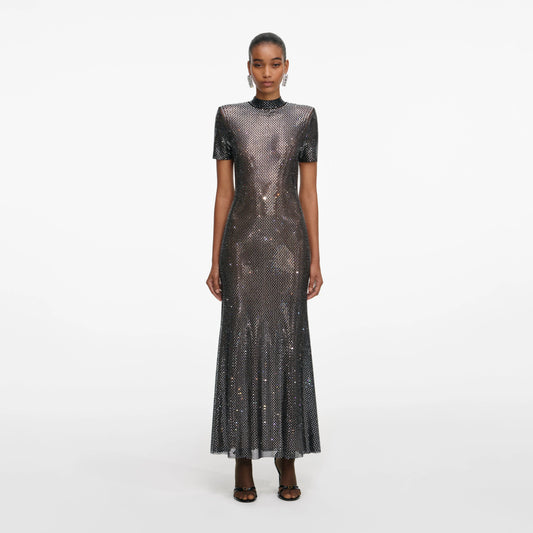 Gunmetal Rhinestone Mesh Midi Dress