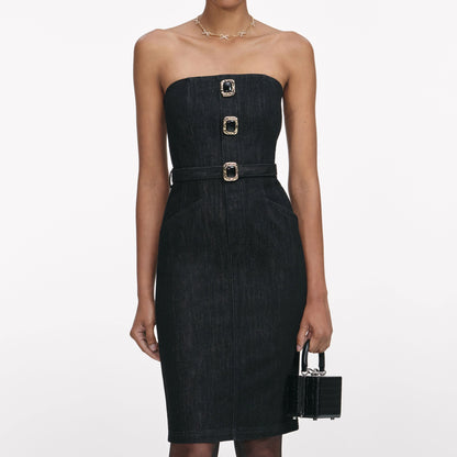 Black Denim Bandeau Midi Dress