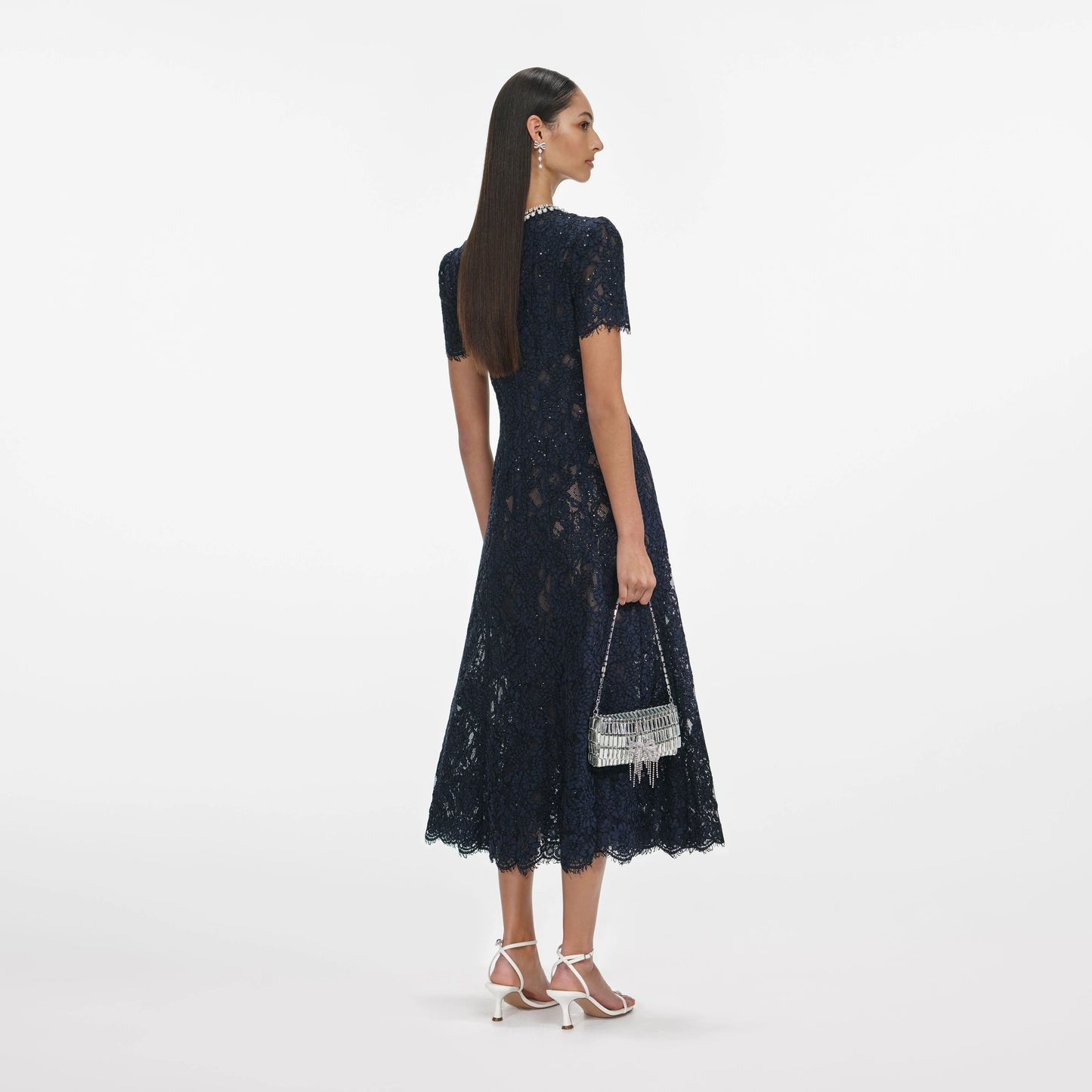 Navy Lace Embellished Midi Dress