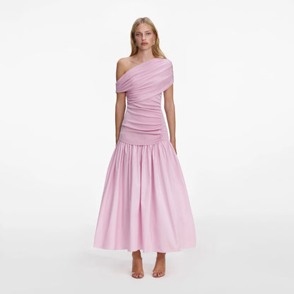 Pink Cotton Draped Knit Midi Dress
