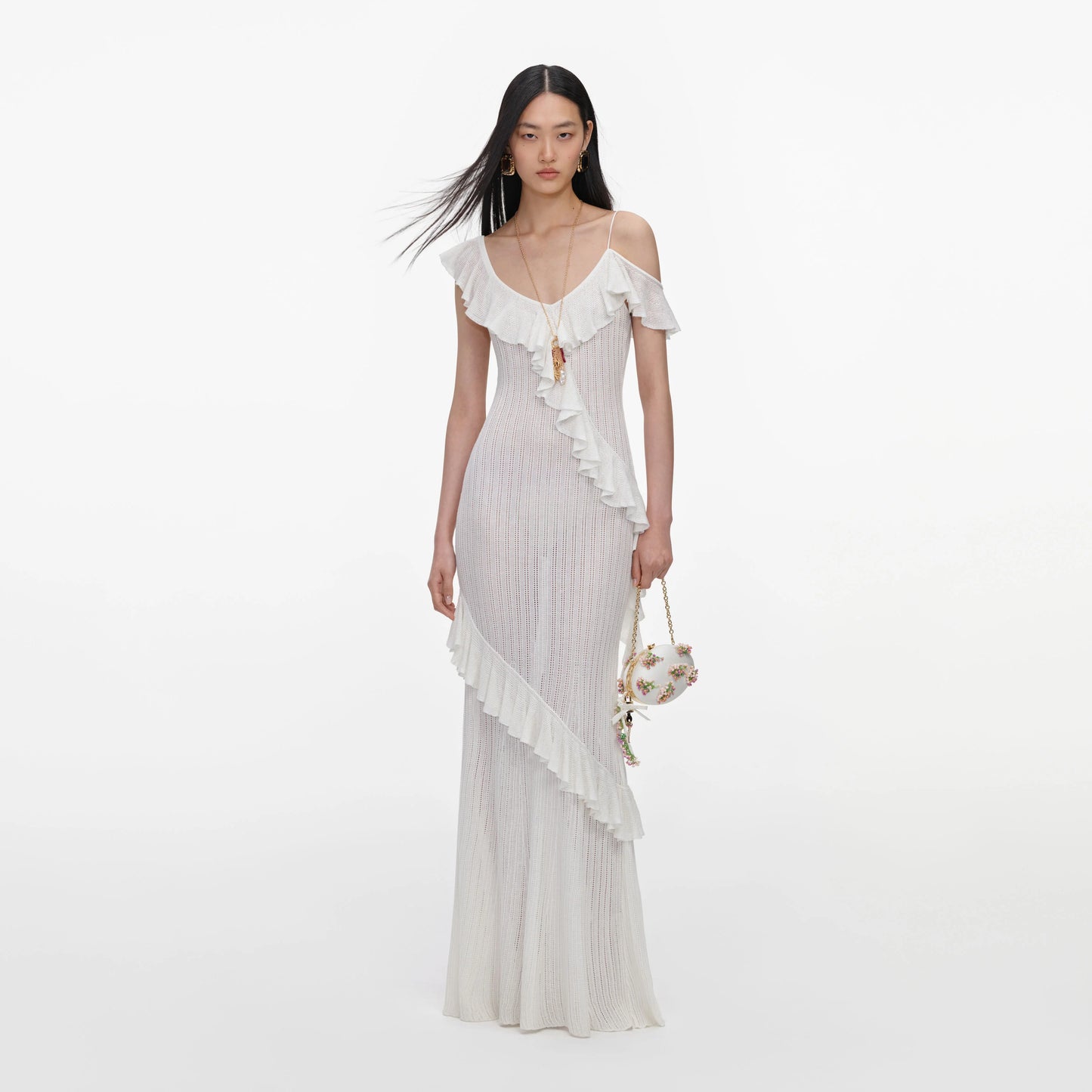 White Ruffle Knit Maxi Dress