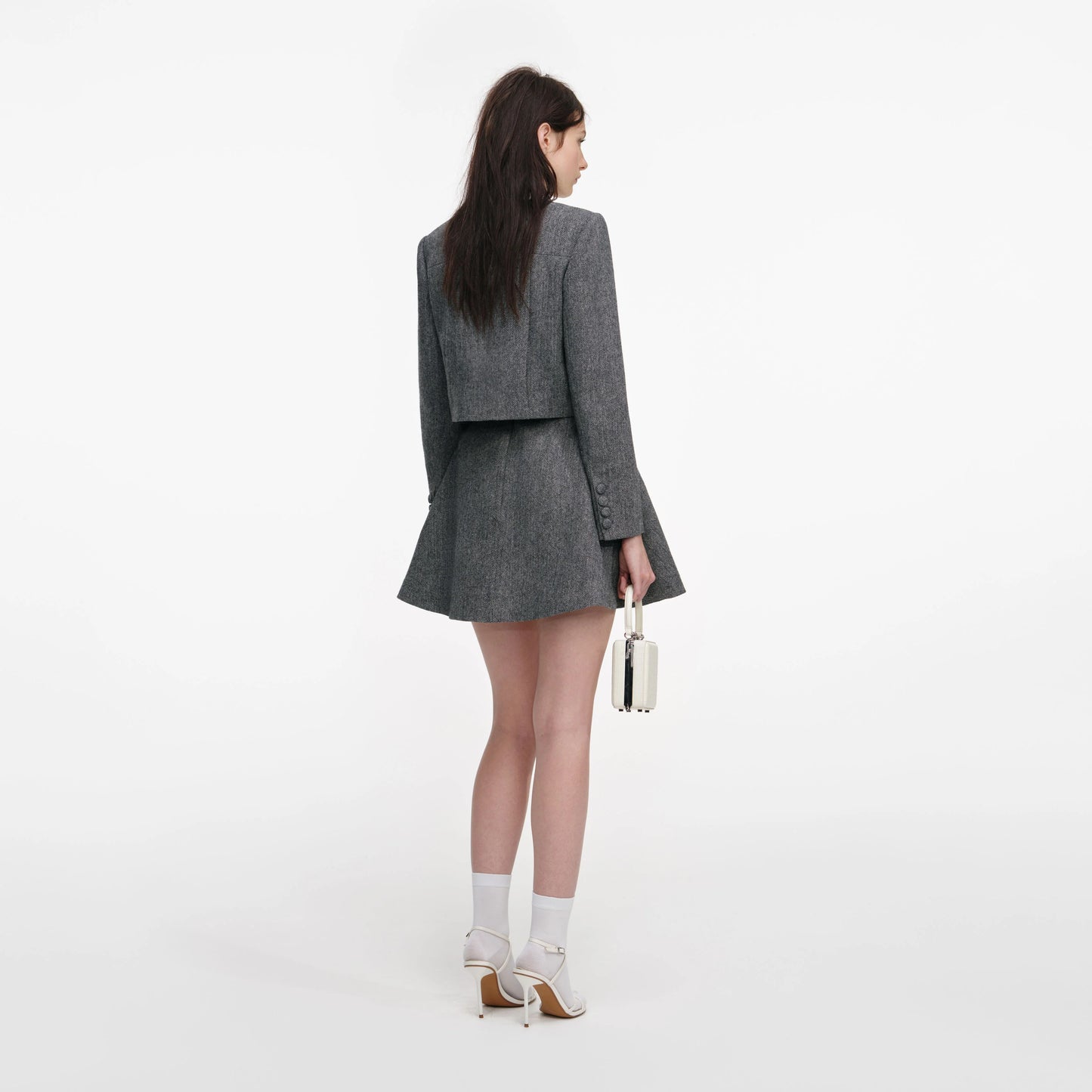 Grey Herringbone Scarf Detail Jacket