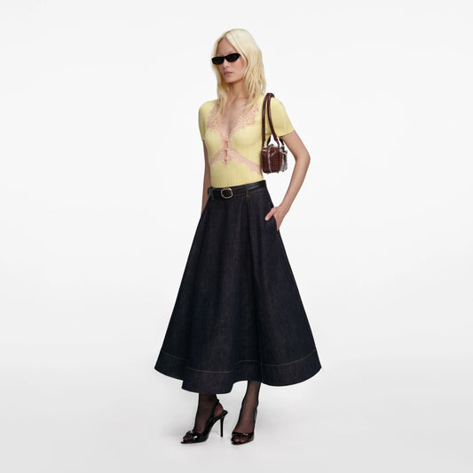 Indigo Denim Flared Midi Skirt