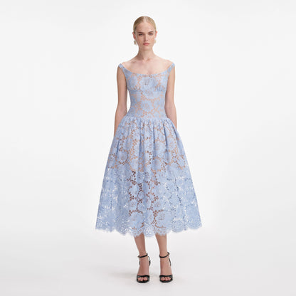 Blue Floral Lace Midi Dress
