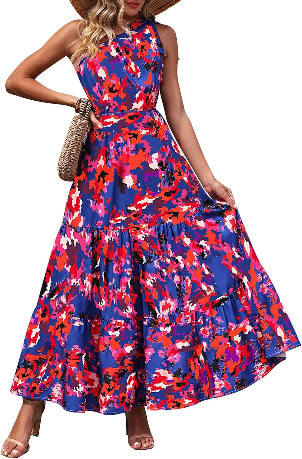 Women's Summer Floral One Shoulder Maxi Dress Knot Ruffle Boho Beach Vacation Wedding Guest Long Sun Dresses